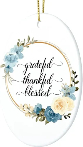 Miniatura 3 de Adornos de Navidad con cita de corona de flores, adorno ovalado de porcelana de Grateful Thankful Blesed, decoración de árbol de Navidad, regalos