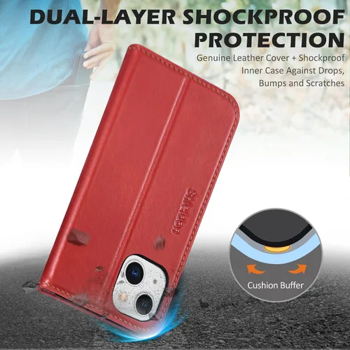 Miniatura 6 de SHIELDON Funda tipo cartera para iPhone 13 de 6.1 pulgadas, estuche tipo folio de piel auténtica con función atril y bloqueo RFID, ranuras para Rojo