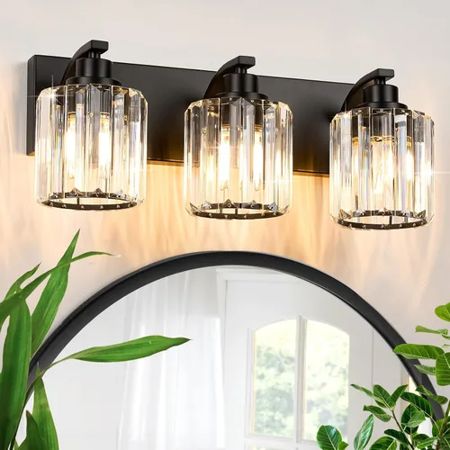 3 luces de cristal para tocador de baño, moderna lámpara de baño negra sobre espejo, luces de tocador para dormitorio, baño, pasillo, base E26