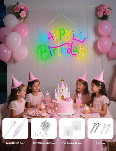 Miniatura 4 de Letrero de neón de feliz cumpleaños para decoración de fondo, letrero LED con luz de feliz cumpleaños para telón de fondo de fiesta con alimentación