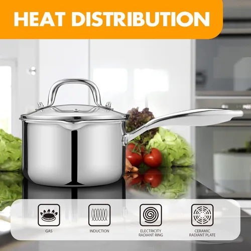 Miniatura 5 de Cacerola de acero inoxidable con tapa de vidrio templado, olla multiusos de 2.5 cuartos de galón, olla para verter fácilmente con mango ergonómico