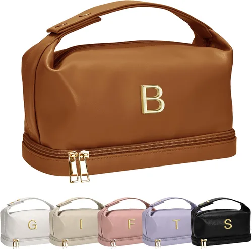 Miniatura 50 de Bolsa de maquillaje con asa, bolsa de cosméticos impermeable de doble capa, bolsas de maquillaje de cuero PU de gran capacidad con letra, bolsa