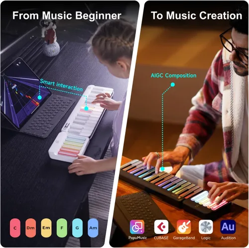 Miniatura 8 de Teclado de piano inteligente Popupiano, teclado de piano digital de 59 teclas para principiantes, luces LED arcoíris y aplicaciones gratuitas, 256