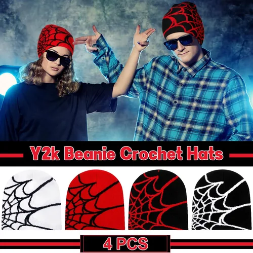 Miniatura 3 de Gorros Y2K Y2K con patrón de telaraña, gorro de punto acrílico gótico, gorro de punto casual para hombre