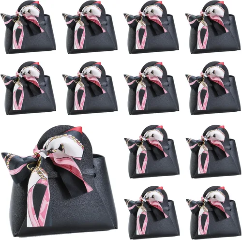 LPEIEB Paquete de 12 Bolsas de Regalo Tipo Candy Bag de Cuero con Cinta, Bolsas de Regalo de Boda de PU con Asa de Cinta, Cajas de Favor de Fiesta