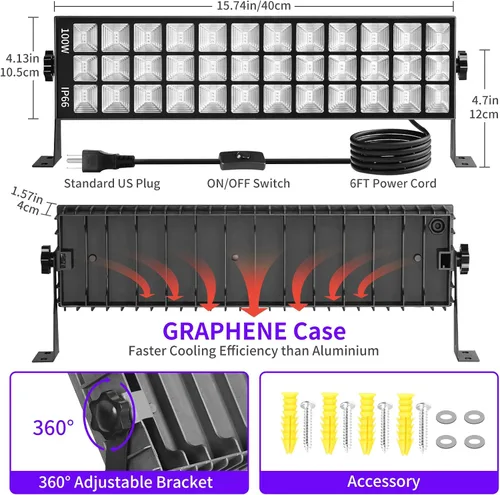 Miniatura 5 de Barra de luz negra de 100 W IP66 impermeable, luz negra LED con enchufe+interruptor+cable de 6 pies, luces negras para interiores y exteriores, luz