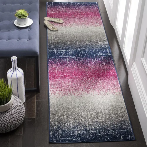 SAFAVIEH Madison Collection - Alfombra de pasillo, 2 pies 3 pulgadas x 8 pies, color fucsia y azul marino, diseño de rayas bohemio, no desprende