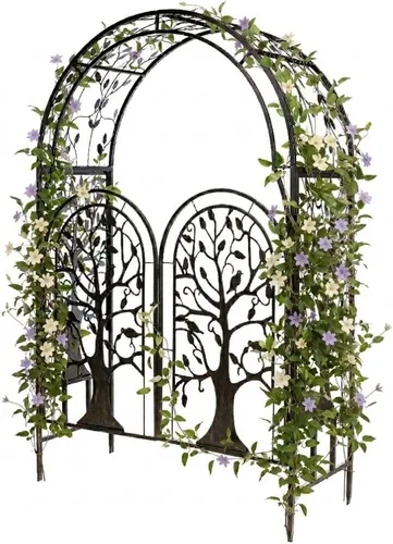 Miniatura 12 de Plow & Hearth Arco de metal para jardín al aire libre Árbol de la vida 83 pulgadas de alto Negro Celosía de acero para plantas y enredaderas