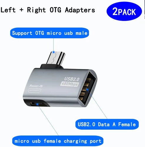 Miniatura 2 de Adaptador OTG micro USB 2 en 1 alimentado de 90 grados en ángulo recto con puerto de carga de alimentación micro USB, paquete de 2