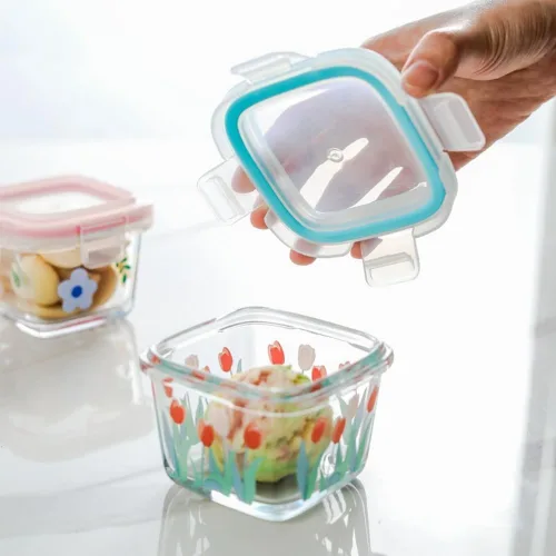 Miniatura 2 de Paquete de 2 recipientes de vidrio pequeños de 4 onzas con tapas, herméticos cuadrados de vidrio para alimentos, tarros de vidrio con flores