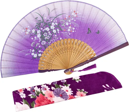 Miniatura 11 de Abanico plegable de seda y bambú, 8.27 pulgadas (21 cm), estilo retro, vintage, elegante y encantador, chino/japonés, regalo para mujeres y niñas
