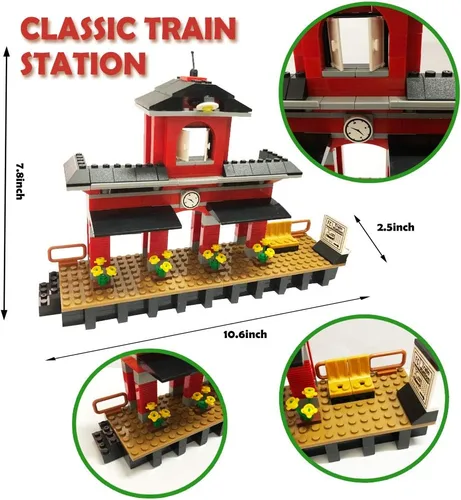 Miniatura 2 de Bloques de construcción, 583 piezas, juego de tren clásico con construcción de estación, ladrillo educativo, juguetes de aprendizaje para niños
