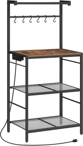 Miniatura 12 de MAHANCRIS Estante de panadería con toma de corriente, estante de almacenamiento para cocina con 6 ganchos, soporte para microondas