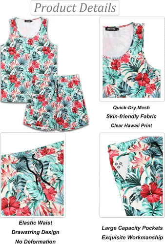 Miniatura 4 de JoZorro Conjunto de camiseta sin mangas con estampado floral para hombre, camiseta deportiva casual con estampado de lujo, ropa deportiva hawaiana