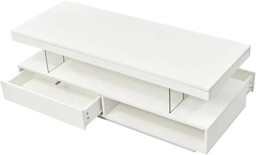 Miniatura 6 de Mesa auxiliar LED con almacenamiento, mesa central moderna con estante abierto y 2 cajones deslizantes dobles, muebles decorativos con luces LED