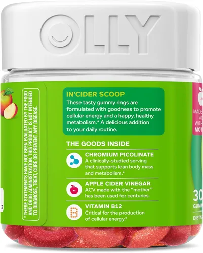 Miniatura 10 de OLLY Gomitas Anillos para el Metabolismo, Vinagre de Sidra de Manzana, Vitamina B12, Cromo, Energía y Salud Digestiva, Suplemento Masticable, Sabor