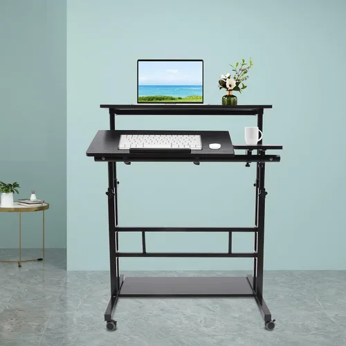 Miniatura 8 de Escritorio móvil de pie ajustable para laptop con ruedas, carrito de almacenamiento para estar de pie o sentado, para estación de trabajo de oficina