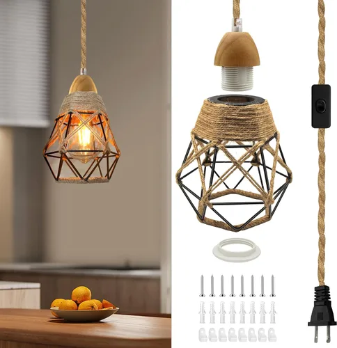 Miniatura 8 de Luces colgantes rústicas de granja con cable enchufable, cable de cuerda de cáñamo trenzada de 16.7 pies, pantalla tejida de cáñamo de 23x10 cm