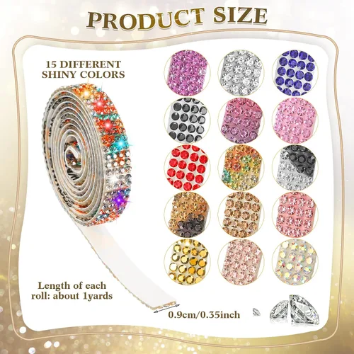 Miniatura 2 de Meanplan 15 rollos de tiras de cinta autoadhesivas con diamantes de imitación de cristal, brillantes, brillantes, colores mezclados, rollo de cinta