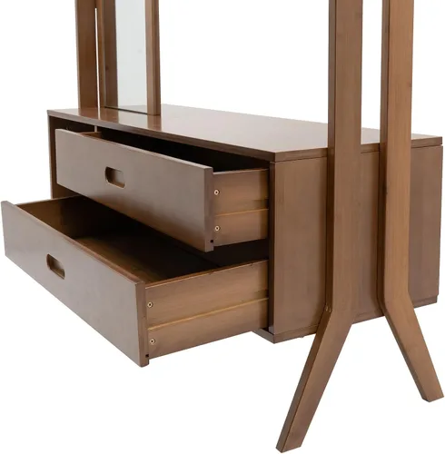 Miniatura 5 de Perchero de bambú con espejo y cajones, colgador de ropa de madera independiente con ganchos, perchero resistente con estantes, organizador