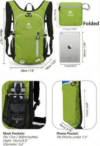 Miniatura 5 de VPBAGE Mochila de senderismo pequeña con soporte frontal para teléfono, mochila plegable con correa de pecho y cintura, Amarillo paja, Pequeño