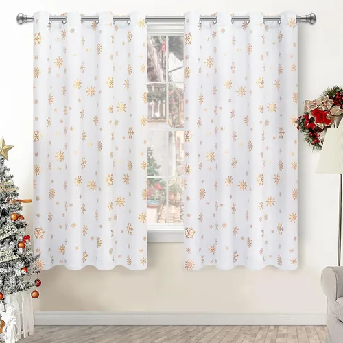 Miniatura 14 de FRAMICS Cortinas de Navidad con estampado de copos de nieve dorados en papel de aluminio, cortinas opacas con aislamiento térmico para sala de estar