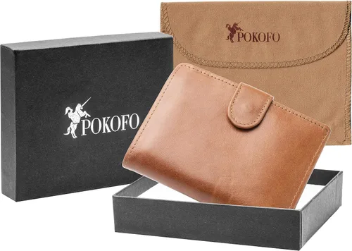 Miniatura 6 de POKOFO Gran RFID Cuero Genuino Tarjetero Trifold Wallet Snap Cierre 3 ID Windows para los hombres