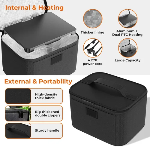 Miniatura 5 de Lonchera eléctrica con calentador de alimentos - 12V/24V/110V Horno portátil 3-en-1, calentador de alimentos para automóvil, mini microondas Negro