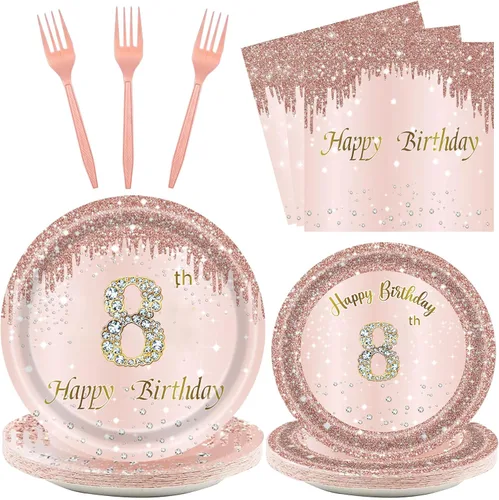 Miniatura 9 de 24 juegos de decoración de fiesta de cumpleaños número 13 de oro rosa para niñas, platos y servilletas para el cumpleaños número 13, tenedores