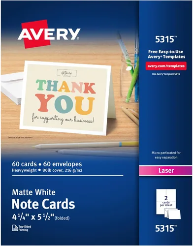 Avery Tarjetas de notas imprimibles con sobres, 4.25 x 5.5 pulgadas, blancas, 60 tarjetas de notas en blanco para impresoras láser (05315)
