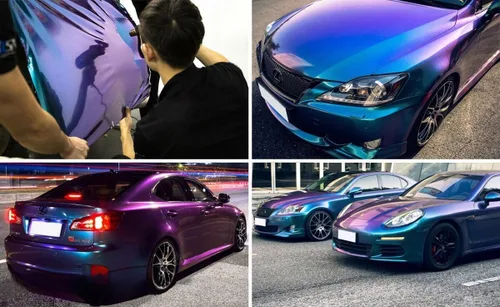 Miniatura 5 de LZLRUN Adhesivo de vinilo brillante brillante de color azul camaleón a morado con purpurina para interior del automóvil, lámina de cambio