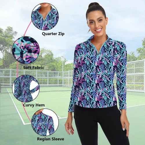 Miniatura 98 de WOWENY Camiseta deportiva de manga larga para mujer, con cremallera de un cuarto, cuello para entrenamiento, camiseta de tenis con estampado