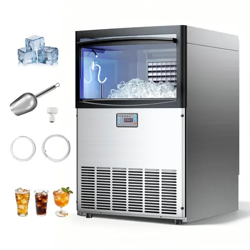 VEVOR Máquina comercial para hacer hielo, 200 libras/24 horas con capacidad de almacenamiento de 50 libras, integrada/independiente/debajo del