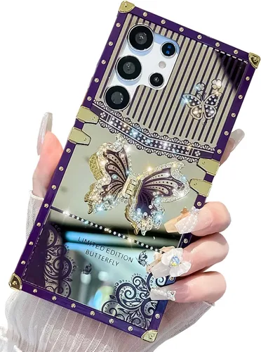 Miniatura 57 de Bonita funda compatible con Samsung Galaxy S22 Ultra, soporte plegable de lujo con diseño de mariposa brillante para mujeres y niñas, funda Blanco