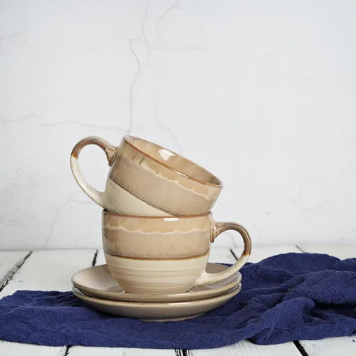 Miniatura 6 de Bosmarlin Juego de 2 tazas y platillo de cerámica para capuchino, 10 onzas, tazas de café para café con leche, expreso, té, lavavajillas y Marrón