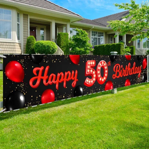 Miniatura 20 de Cartel de feliz cumpleaños número 10 color rojo y negro, globos para decoración temática para patio, jardín, niñas, mujeres, princesas, decoraciones