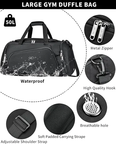 Miniatura 5 de Bolsa de gimnasio impermeable para hombres y mujeres, bolsa de lona convertible grande de 50 L, mochila y bolsa de hombro para viajes, fin