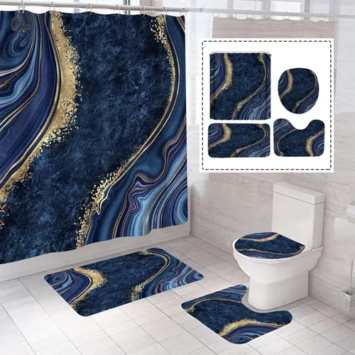 Miniatura 9 de Juego de 4 cortinas de ducha de mármol de lujo, juegos de baño con cortina de ducha, alfombra de tapa de inodoro, tapete de baño y tapete