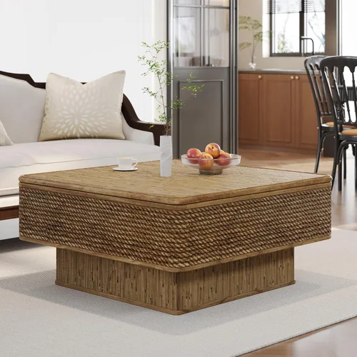 Miniatura 4 de 31.52" Square Lift Top Coffee Table with Storage, Natural Rattan & Hemp Rope, Adjustable Function, Vintage Farmhouse Center Table for Living Room