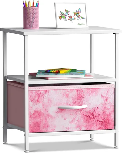 Miniatura 15 de Sorbus Mesita de noche con 1 cajón, mueble de noche y mesa auxiliar con marco de acero, parte superior de madera y contenedores de tela fáciles