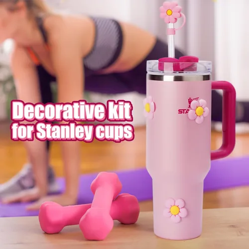 Miniatura 7 de Juego de accesorios compatibles con Stanley Cup, incluye 2 tapones de silicona a prueba de derrames, 6 piezas de decoración de pétalos para vaso
