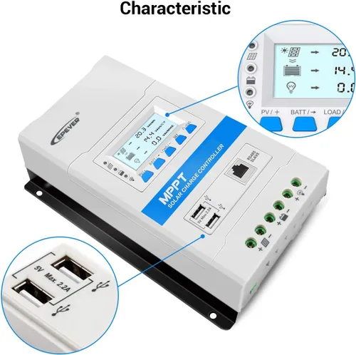 Miniatura 5 de EPEVER Controlador de carga solar MPPT 20A 12V/24V Auto Panel Solar Regulador de carga con pantalla LED y LCD Puerto USB doble y MT50 Medidor remoto
