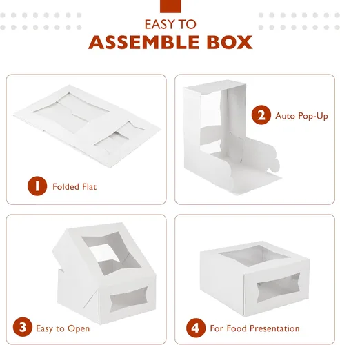 Miniatura 4 de Fit Meal Prep Paquete de 25 cajas para pasteles con ventana de 8 x 8 x 4 pulgadas, contenedores de panadería blancos desplegables para postres