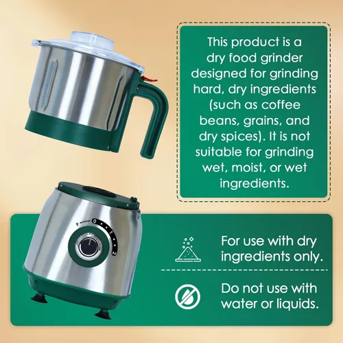 Miniatura 7 de Molinillos eléctricos para especias y nueces, 3 cuchillas de acero inoxidable, 1 filtro, 1 cepillo, molinillo de 500 W para cocina, uso en seco Verde