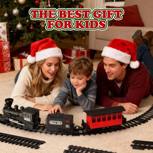 Miniatura 7 de Juego de tren de árbol de Navidad de 15 piezas con humo, sonido y luces, pista elegante y vagones de pasajeros vintage para Navidad, juego de tren