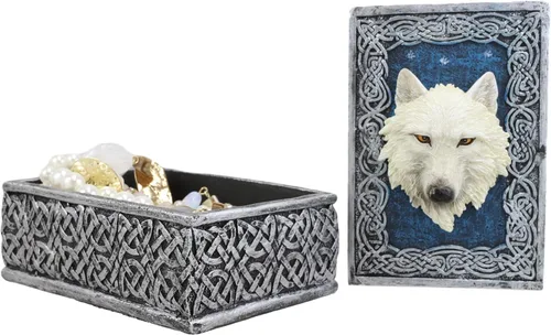 Ebros Gift Figura decorativa rectangular de lobo alfa de noche estrellada azul celta como recuerdo, almacenamiento de joyas, decoración de lobos de