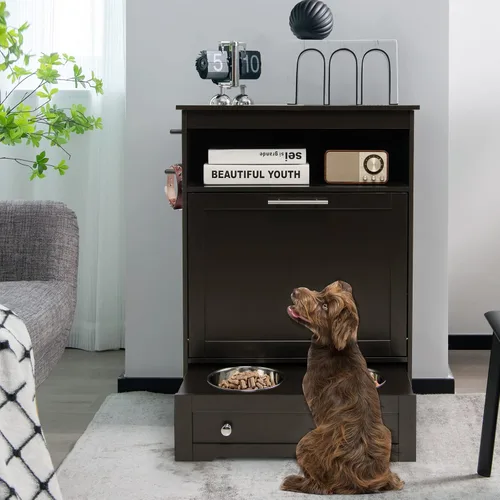 Miniatura 2 de Estación de alimentación para perros con cuencos dobles, comedero extraíble grande para perros y almacenamiento de alimentos (marrón)