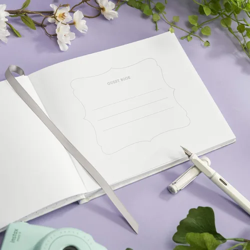 Miniatura 4 de Global Printed Products Libro de invitados de boda, 9"x7", blanco con lámina dorada
