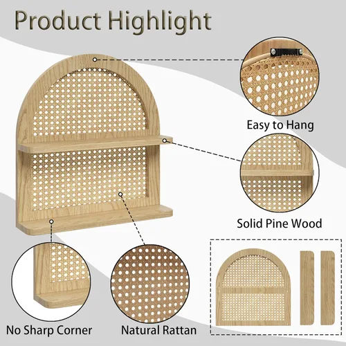 Miniatura 7 de Estante de pared de ratán bohemio de madera, estante flotante de mimbre arqueado de 2 niveles, estante bohemio de madera natural, estantes rústicos