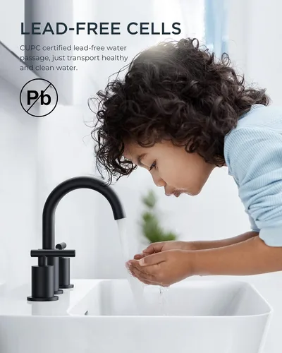 Miniatura 4 de FORIOUS Grifos de baño negros de 3 agujeros, 2 manijas de 8 pulgadas, grifo de tocador negro mate generalizado, 3 agujeros con boquilla giratoria